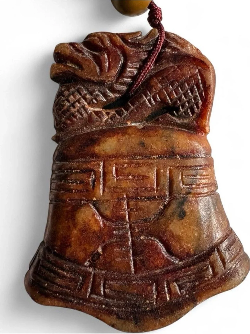 Vintage Carved brown/russet jade pendant featuring archaic style pattern dragon